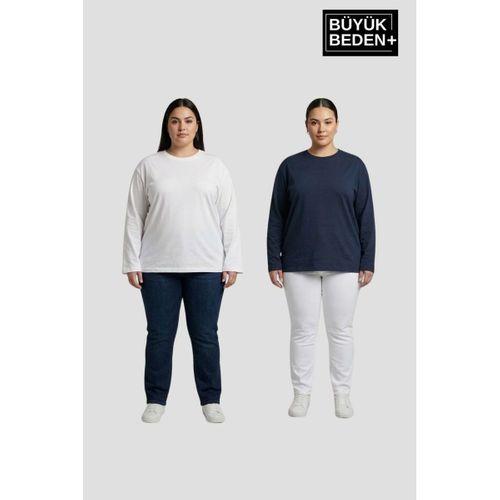 Kadın Büyük Beden 2 li Set Uzun Kollu 2 İplik Bisiklet Yaka Tişört SPR26BEA942+2