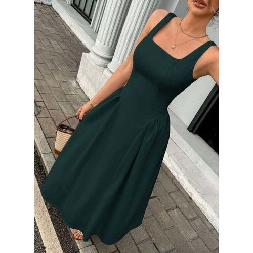 Kadın Askılı Kare Yakalı Uzun Ithal Krep Elbise