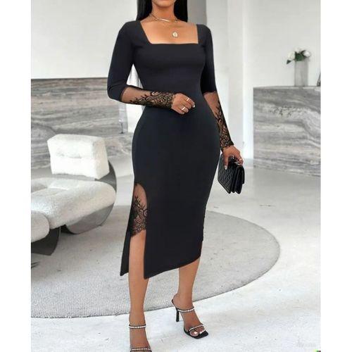 Kadın Uzun Kollu Geometrik Yakalı Dantel Detaylı Midi Ithal Krep Elbise