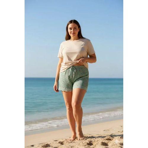 Düz Renk Mini Çiçek Desenli Penye Kadın Ev Şortu Bacak Dantel Detaylı Ev Giyim Yeşil