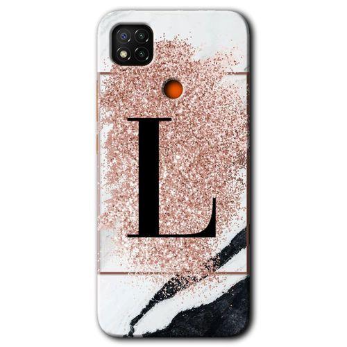 Xiaomi Redmi 9c Kılıf Baskılı Kapak - Pembe Mermer Desenli L Harfi + 5D Tam Kaplayan Cam
