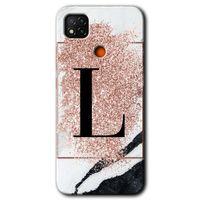 Xiaomi Redmi 9c Kılıf Baskılı Kapak - Pembe Mermer Desenli L Harfi + 5D Tam Kaplayan Cam