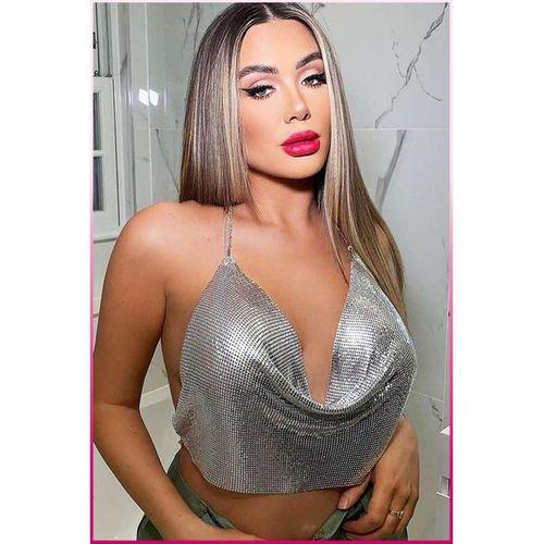 Parlak Gümüş Zırh Bustiyer,Kadın Seksi Zarif Crop