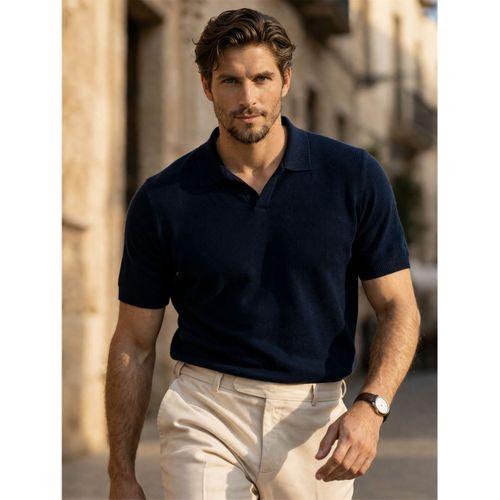 Dawson Polo V Yaka Düğmesiz Kısa Kollu İnce Triko Erkek T-Shirt - Lacivert