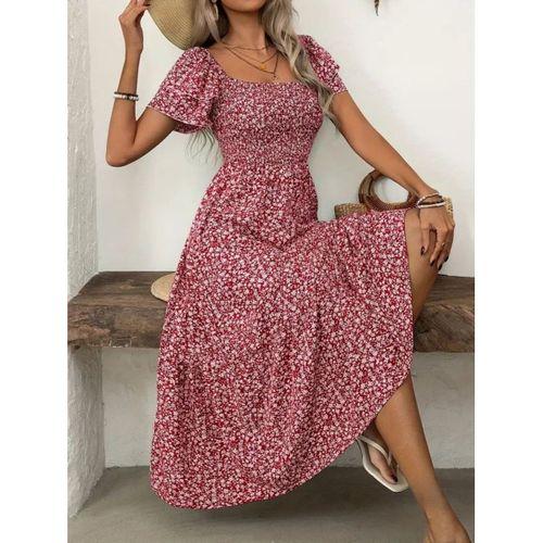 Kadın Kısa Kollu Gipe Detaylı Desenli Midi Süprem Elbise