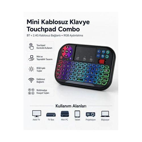 Rgb Işıklı Mini Kablosuz Klavye Touchpad Combo, Bluetooth Ve 2.4g Smart Tv Kumandası