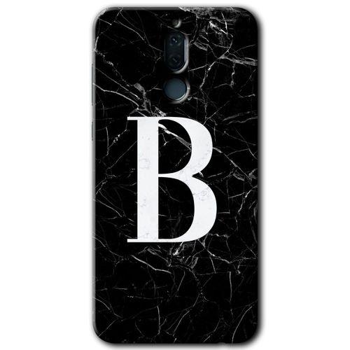 Huawei Mate 10 Lite Kılıf Baskılı Kapak - Siyah Mermer Desenli B Harfi + 5D Tam Kaplayan Cam