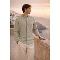 Hafif ve Nefes Alabilir Erkek Müslin Yarım Pat Hakim Yaka Oversize Gömlek - Açık Haki