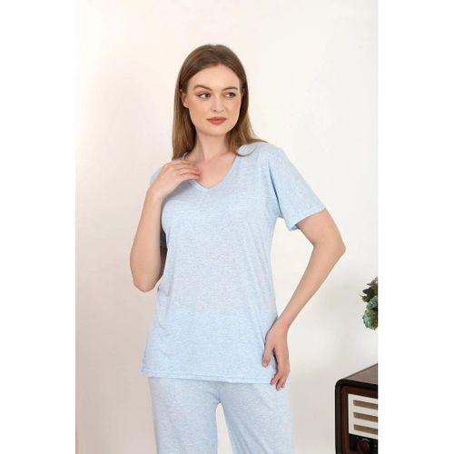 Kadın Kısa Kol Pamuk Penye Pijama Takım Mavi