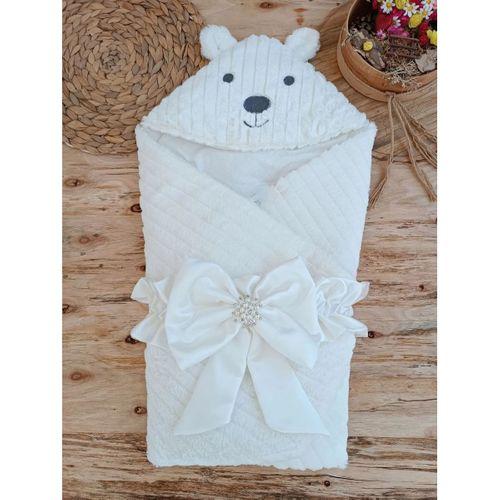 Yenidoğan Beyaz Wool Yün Kumaş Ayıcık Kulaklı Kundak Bebek Battaniyesi Beyaz