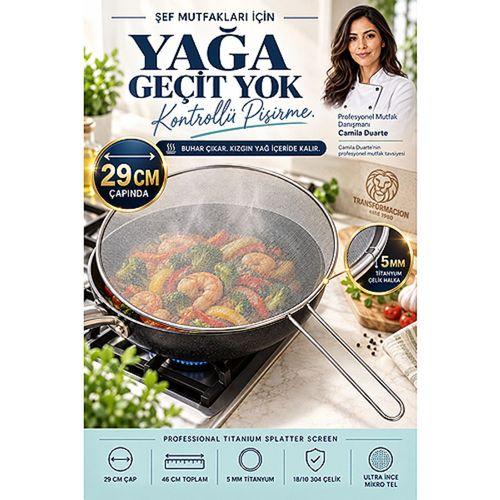 Endüstriyel 29 cm Tava Yağ Sıçratmaz Kapak Titanyum 5 mm Çerçeveli Profesyonel Şef Tipi 18/10 304 Paslanmaz Çelik 723688
