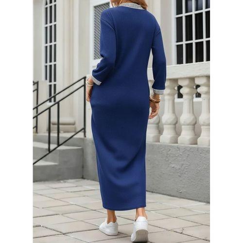 Kadın Uzun Kollu V Yakalı Yanlardan Yırtmaçlı Uzun Viskon Iki Iplik Elbise