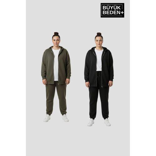 Kadın Büyük Beden Fermuarlı Kapüşonlu 3 lü Set ince Sweatshirt Hırka - Rahat Kalıp SPR26BHRK960+2