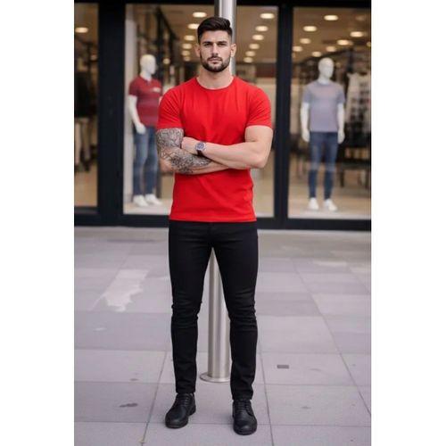 Erkek T-Shirt Bisiklet Yaka Slim Fit Dar Kesim Likralı Tişört Günlük Basic Body - Kırmızı