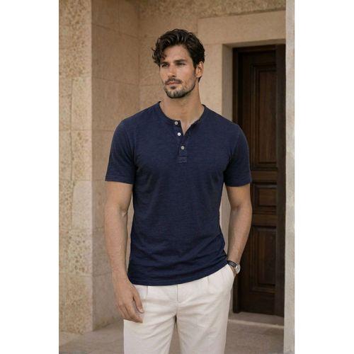 Edgar Regular Fit 3 Düğmeli Pat Flamlı Suprem Kumaş Pis Yaka Erkek T-Shirt - Lacivert