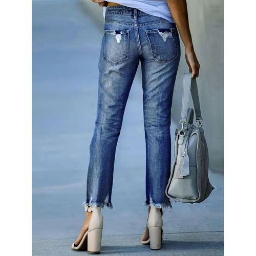 Kadın Dar Kesim Cepli önden Yırtık Desenli Denim Pantolon