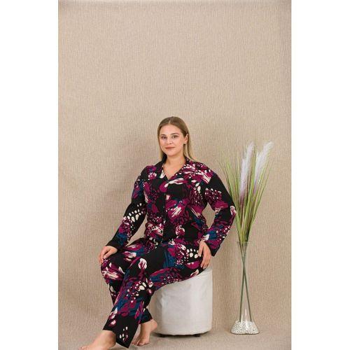 Büyük Beden Renkli Desenli Düğmeli Uzun Kol Viskon Pijama Takımı