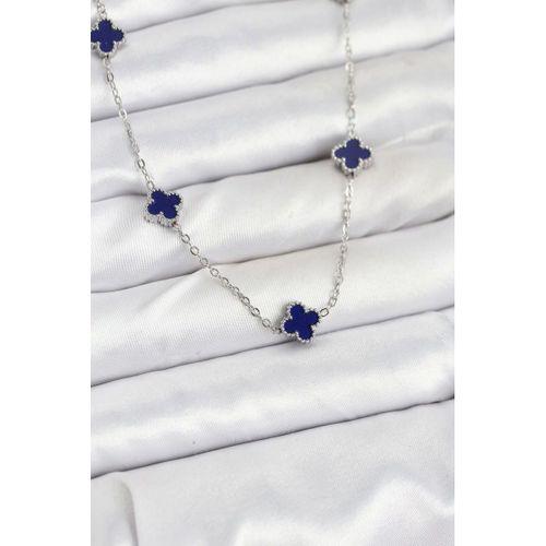 316L Çelik Zincir Gümüş Renk Lacivert Baby Boy Yonca Kadın Kolye