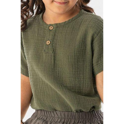 Kısa Kol Batı Yazlık Müslin Kız Çocuk Tshirt Haki Hk