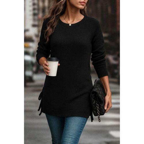 Kadın Uzun Kollu Yuvarlak Yakalı Yanlardan Bağcıklı Triko Bluz