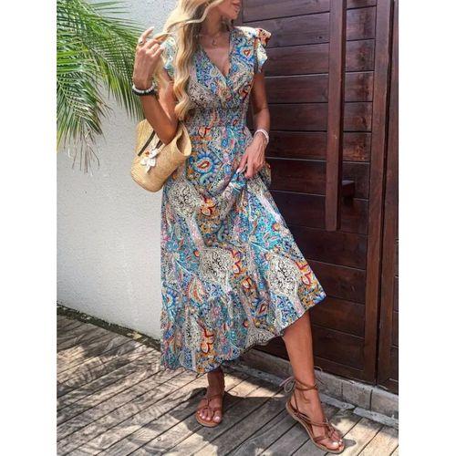 Kadın Kısa Kollu Kruvaze Yakalı Desenli Maxi Elbise