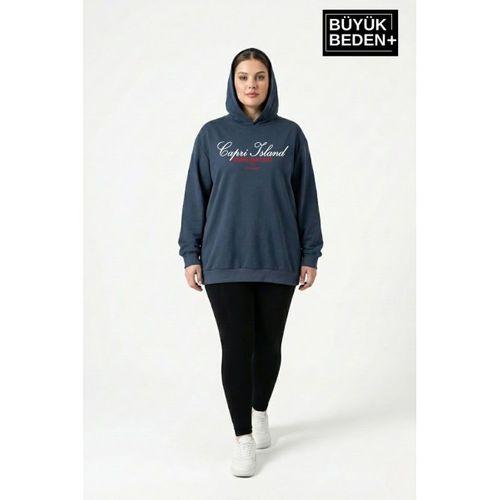 Kadın Büyük Beden Kapşonlu Capri Island Baskılı ince Swatshırt SPR26BSWK957-14
