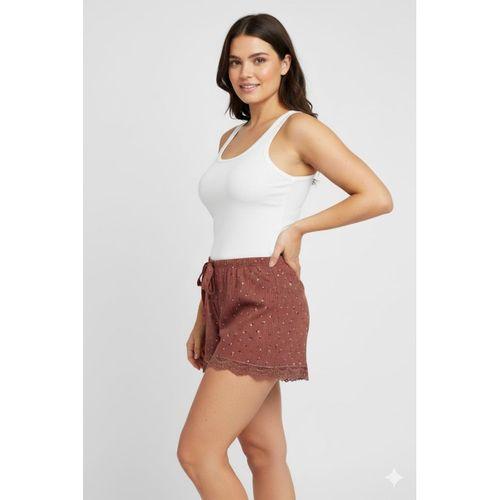 Düz Renk Mini Çiçek Desenli Penye Kadın Ev Şortu Bacak Dantel Detaylı Ev Giyim Taba