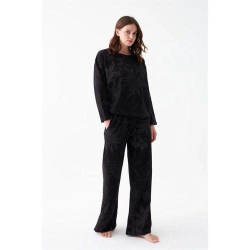 Kadın Oversize Siyah Çiçek Desenli Pamuklu Kalın Pijama Takımı