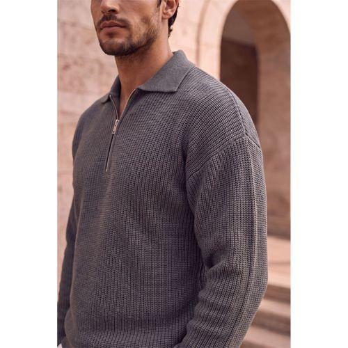 Gibson Oversize Yarım Fermuar Gömlek Polo Yaka Selanik Örme Erkek Triko Kazak - Füme
