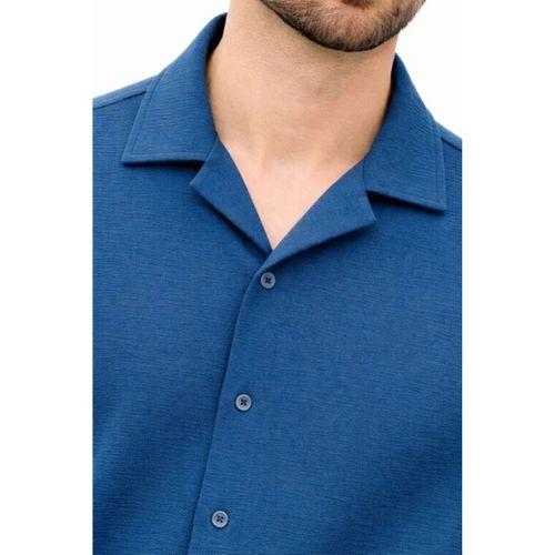 Erkek Aerobin Kumaş Oversize 4 Mevsim Uzun Kollu Rahat Kalıp Gömlek - İndigo