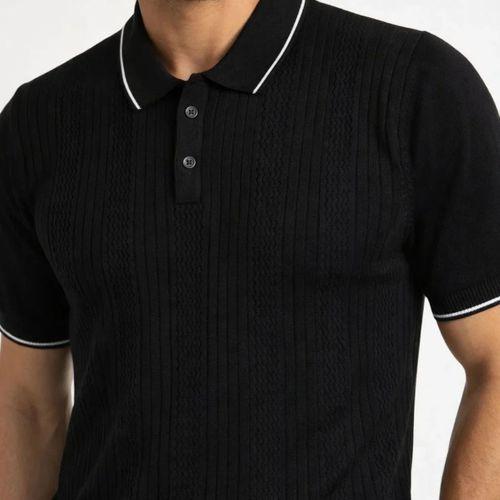 Erkek Düğmeli Yaka Triko Dokuma Tişört Desenli Yazlık  Şık Günlük Triko Tişört - Siyah