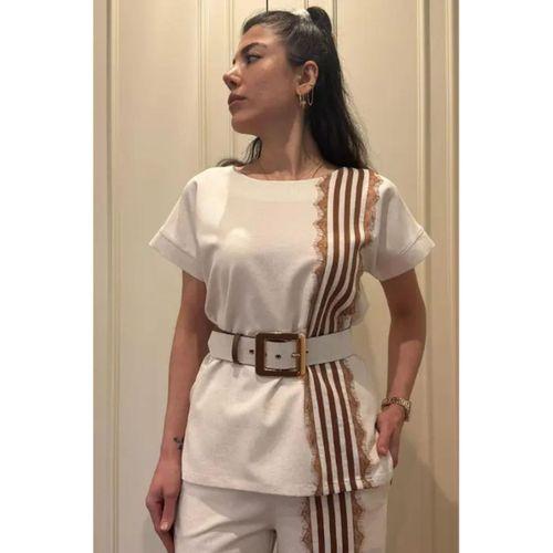 Trend Kadın Krem Keten Dokulu Bol Paça Pantolon ve Kısa Kollu Bluz Takımı