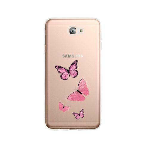 Samsung J7 Prime Pembe Kelebekler Desenli Premium Şeffaf Silikon Kılıf
