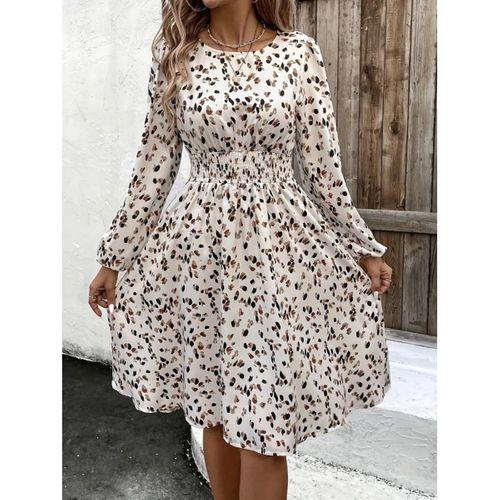 Kadın Uzun Kollu Bot Yaka Beli Lastikli Midi Süprem Elbise