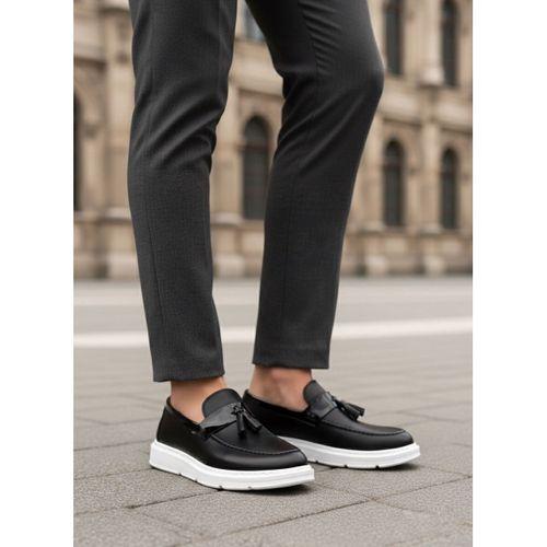 BA0005 Bağcıksız Yüksek Taban Klasik Püsküllü Corcik Erkek Ayakkabı Siyah Beyaz