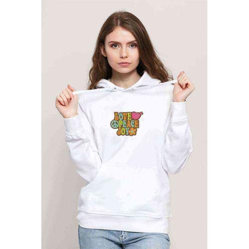 LOVE PEACE JOY GRUNGE Baskılı Beyaz Kadın Kapşonlu Sweatshirt
