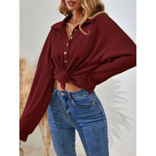 Kadın Uzun Kollu Yakalı Düğmeli Salaş Waffle Bluz