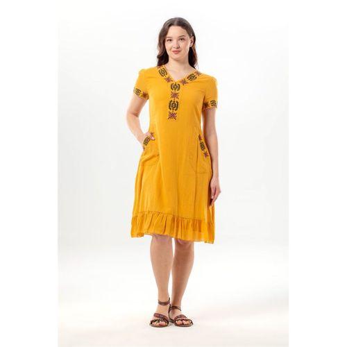 Kısa Kol Feyza V Yaka Çift Cepli Bağlamalı Yazlık Kısa Vual Elbise Hardal Hrd