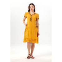 Kısa Kol Feyza V Yaka Çift Cepli Bağlamalı Yazlık Kısa Vual Elbise Hardal Hrd