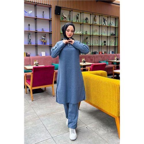 Dik Yaka Kısa Fermuarlı Yırtmaçlı Sade Basic Uzun Tunik ve Pantolon İkili Spor Takım - 03062.006 - İndigo