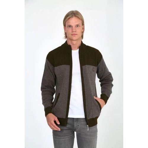 Erkek Fermuarlı Triko Hırka Yüksek Yaka, Cepli, Günlük Şık Rahat Kalıp Triko - Kahverengi