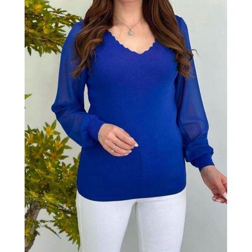 Kadın V Yaka Kolları Dökümlü Tül Detay Triko Bluz