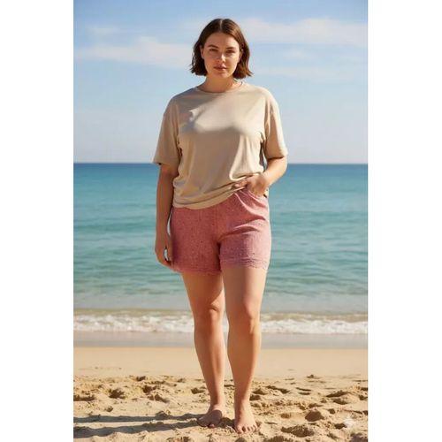 Düz Renk Mini Çiçek Desenli Penye Kadın Ev Şortu Bacak Dantel Detaylı Ev Giyim Pembe