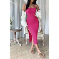 Kadın Fuşya Yırtmaçlı Diz Altı Vücüdu Saran Gecelik