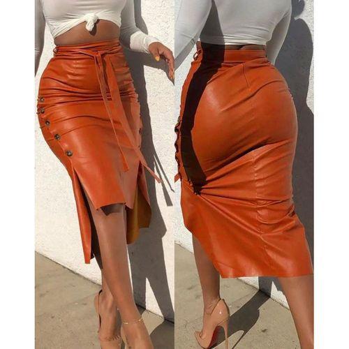 Kadın Yüksek Bel Kuşaklı Yanlardan Düğmeli Mini Deri Etek
