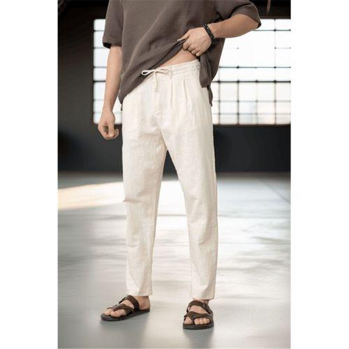 Pamuk Flamli Düz Paça Rahat Kalıp Jogger Erkek Pantolon - Beyaz