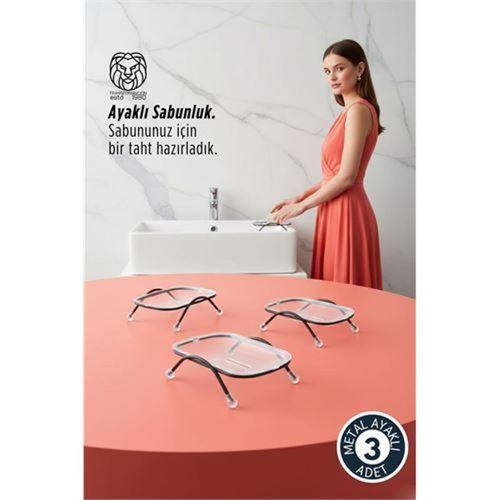 3 lü Ayaklı Sabunluk – Su Giderli, Şeffaf Tasarım, 12 x 9 cm, Tezgah Üstü Kullanım