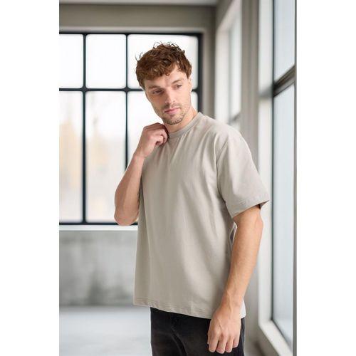 İki İplik Kumaş Pamuklu Bisiklet Yaka Basic Oversize Erkek T-Shirt - Mineral Gri