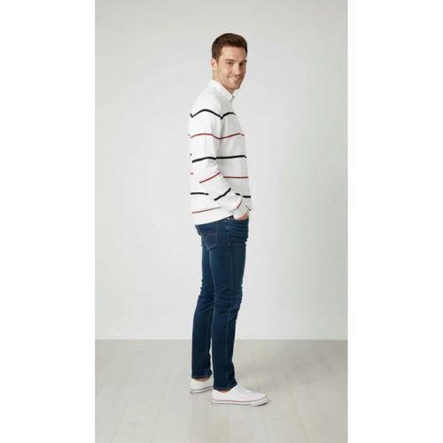 Erkek Bisiklet Yaka Cizgili Triko Kazak Yumuşak Dokulu Pamuklu Ince Dokuma, Uzun Kollu Rahat Regular Kalıp - Beyaz