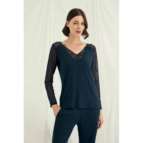 Sırt Dekolteli Uzun Kollu Tüllü Ve Dantelli Pijama Takımı